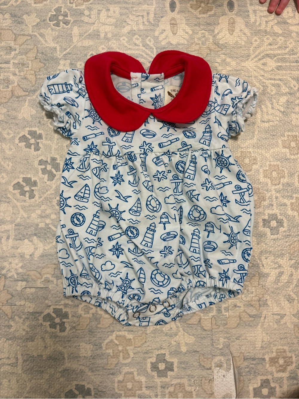 Nautical-Print Baby One-Piece with Red Peter Pan Collar